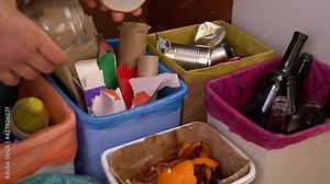 Food waste, plastic, metal packaging, paper and cardboard, glass bottles, e-waste. Waste Separation System Household Sorting Trash Can, Garbage Storage Box, Garbage Sorting Basket