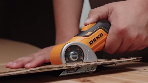 Cordless Electric Scissors Cardboard Cutter: DEKOPRO 4V 2000mAh Electric Box Cutter, Rechargeable Power Rotary Cutting Tool with Safety Lock, 389g Carpet Scissors with Blade, Type-c(Yellow)