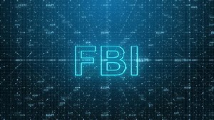 FBI Text on Futuristic Cyberspace Background. 3D Grid and Binary Numbers.