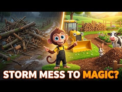 Monkey Farmer & Bulldozer: Storm Cleanup, Safe Paths & Firewood Magic for Kids Cartoon Story Video!!