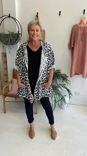 4.7K views · 106 reactions | Attention Animal Print Lovers . The Cheetah Jacket has just landed in store and online . Limited numbers so grab yours now. One size fitting 10-16/18. 100% linen, she has a zip front and deep pockets . Kay has styled with our popular Nicola Jogger Black (also come in so many beautiful colours). #cheetahprint #animalprint #blackpants #sweetcharlottestudio | Sweet Charlotte Studio | Facebook