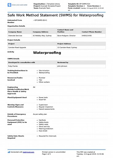 Waterproofing Safe Work Method Statement (Free   Editable)