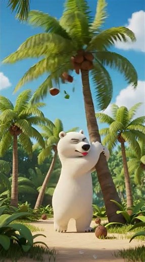 Bear Ross tries to open coconut by shaking tree.