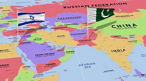 Download Israel and Pakistan Flag Waving with The World Map, Seamless Loop in Wind, 3D Rendering for free