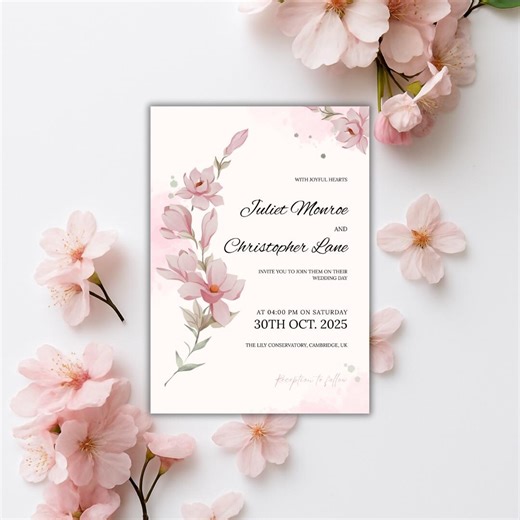 Blush Pink Wedding Invitation | Elegant Floral Printable Canva Template | Romantic Modern Wedding Card - Etsy