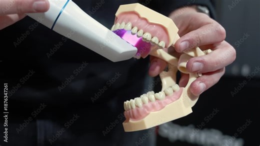 Close up of dentist hands holding curing light tool and polymerizing dental filling on jaw model during practical lesson