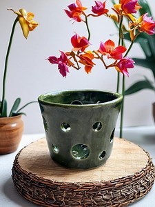 Small Green Orchid Pot: Handmade Ceramic Planter With Drainage Holes - Etsy
