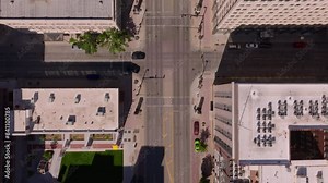 Lively urban scene and modern architecture of downtown area of an american city from above. Aerial view showcases the busy streets and cityscape of the metropolitan area
