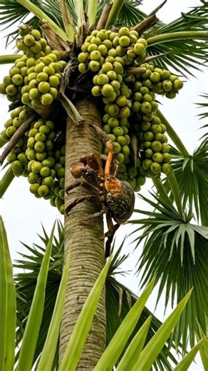 Oh the big Coconut crab is climbing on a plan tree in the village #coconutcrab #palmtree