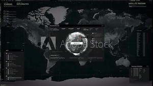 Data Analysis Software For Tracking Searching For Target Location. Futuristic Software Using World Map Data Analysis For Tracking. Operation Data Analysis By Surveillance Tracking Control Interface