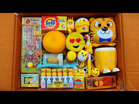 Unboxing biggest Yellow Stationery 📚, Gold Eraser, Piggy Bank, Highlighter, Pen, Pouch, Pencil Case