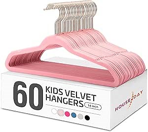 HOUSE DAY Velvet Kids Hangers 60 Pack, Premium Childrens Hangers for Closet, Ultra Thin Cute Clothes Hanger, Non Slip Small Felt Hanger 14 Inch for Kids Clothes, Blush Pink