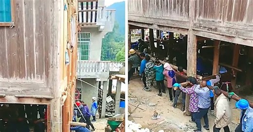 Pure muscle power – Village community carries massive house by hand