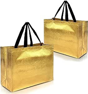 Nush Nush Gold Gift Bags Extra Large – Set of 12 Reusable XL Gift Bags With Handles, Black - Ideal XL Goodie Bag for Xmas, Thanksgiving, Wedding, Bachelorette, Birthday Party Favors – 15.5Wx6Dx12H
