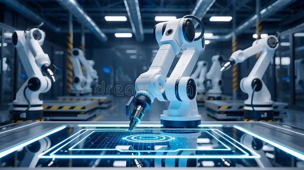 Industrial Robotic Arms Working on High-Tech Digital Production Line in Smart Factory Stock Footage - Video of white, tool: 421872882