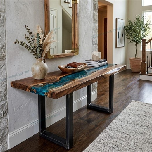 Blue Epoxy Riverstone Console Table, Natural Acacia Wood Entryway Table, Custom Made Furniture - Etsy