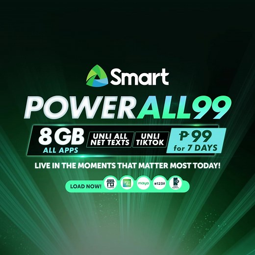 Live in the moments that matter most with Smart Power All 99! Get 8 GB of all-access power, Unli TikTok, and Unli Text to All for P99. Load now through the GigaLife App, Maya, and other mobile wallets, dialing *123# or at your nearest retailer: https://smrt.ph/powerall2fb | Smart Communications, Inc.