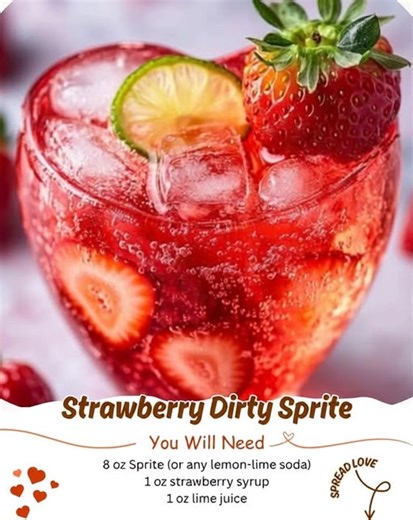 Fizzy and Fun Strawberry Dirty Sprite "Last weekend, I decided to surprise my friends with a twist on the classic Sprite, and their eyes lit up with delight when they took their first sip! This Fizzy and Fun Strawberry Dirty Sprite is the perfect party refresher that adds a splash of sweetness and excitement to any gathering." Ingredients 1 cup fresh strawberries, hulled and sliced 2 cups lemon-lime soda ¼ cup sweet and sour mix 1 ounce vodka (optional) Reacipe in First Coʍmеոτ | Grandma’s Secre