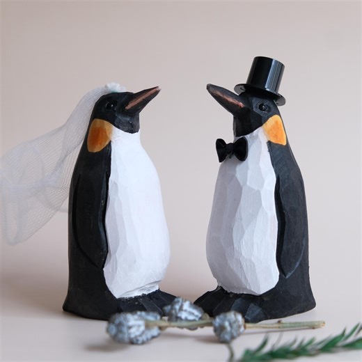 Handmade Wooden Penguin Wedding Cake Topper | Bride and Groom Penguin Figurine, Rustic Wedding Cake Decor, Penguin Ornament for Wedding Gift