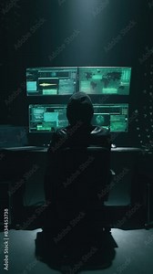 Minimalistic concept of alone hacker programmer surrounded by green programming codes in a dark ambient cyber space, sitting at a table with four monitors doing a hacking attack. Vertical shot.