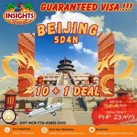 🇨🇳 BEIJING MADE EASY — ALL-IN, VISA GUARANTEED 🇨🇳 Fly via Philippine Airlines, stay in 5★ hotels, and explore China’s most iconic landmarks — without stress, hidden charges, or complicated requirements. ✈️ 5D4N BEIJING ALL-IN TOUR (2026) 💰 From ₱23,499 per person only 💳 Downpayment: ₱6,999 Yes — GUARANTEED GROUP VISA 📄 Passport copy 2x2 photo only Walk where emperors ruled. Stand on the Great Wall. Experience Beijing’s culture, history, and modern charm — all arranged for you. ✔ Tiananmen