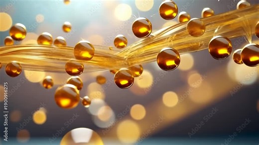 Abstract golden spheres moving with dynamic light waves illustrating nanotechnology and biotechnology concepts for modern science and medical applications