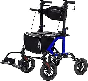 ELENKER All-Terrain 2 in 1 Rollator Walker & Transport Chair, Folding Wheelchair with 10” Non-Pneumatic Wheels for Seniors, Reversible Backrest & Detachable Footrests, Blue