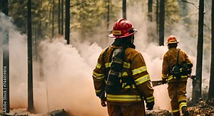 Firefighters run to put out a forest fire. Fire in the forest, black smoke and flames devouring trees