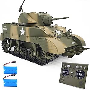 Remote Control Light Tank US M5A1 Stuart Tank 1/16 War RC Military Vehicle Simulation Smoke Barrel Lifting/Turret Rotation 360 Degrees/NO-Shooting/Collection Model / 2Batteries Camouflage