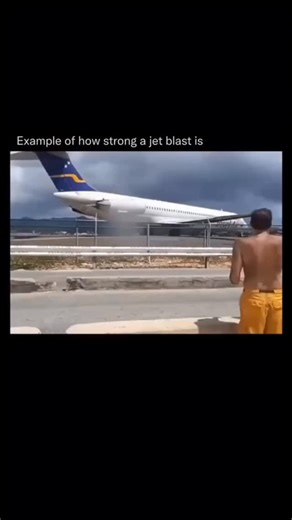 The Explainer on Instagram: "The jet blast of an aircraft is powerful because it’s essentially the high-speed exhaust from the engine, which is expelled at very high temperatures and speeds. When a jet engine operates, it pushes air through and accelerates it at speeds of over 500 mph (800 km/h), making the jet blast very powerful 🛫 Tourists sometimes stand behind jets to feel the intense blast for the thrill, particularly at airports like St. Maarten, despite the risks of injury due to the bla