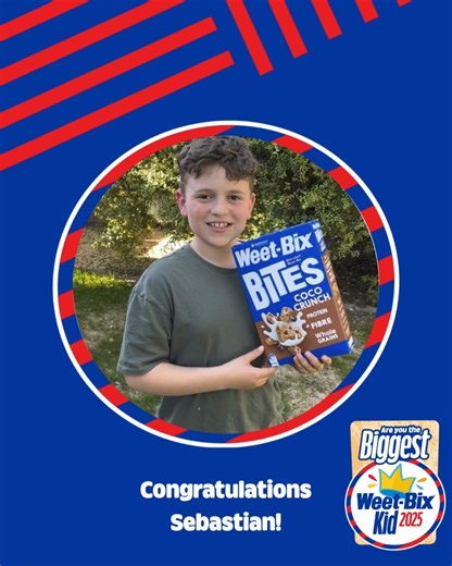 Congratulations to our Biggest Weet-Bix Kid for 2025 - Sebastian! Sebastian impressed us with a wonderful video that combined Weet-Bix Bites with his fitness routine. We can't wait to welcome him to our office and factory for the ultimate Weet-Bix experience and an exclusive behind-the-scenes tour! Thanks to everyone who entered and shared their incredible Weet-Bix passion! We'll be sharing the runners-up in our Stories later today so keep an eye out for more Weet-Bix Kid love ❤️💙 #AussieKidsAr