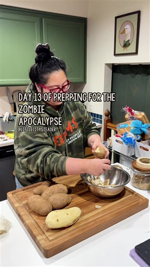 Day 13 of prepping for the zombie apocalypse. Dinner is almost done. 5 lbs of potatoes peeled, cooked, mashed, and headed into the freeze dryer. No butter. No milk. Keeping them plain so shelf life stays as long as possible. I can always add the good stuff when I rehydrate. Once this batch comes out and gets bagged, dinner is officially finished. That’ll be the next video. After that, I’m wrapping up lunch. Probably mac and cheese and we’re done. Once I’m done building our 72 hour emergency food