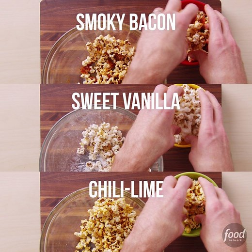 112K views · 1K reactions | Amp up your game-day popcorn 3 creative ways: Smoky Bacon, Sweet Vanilla and Chili Lime! | Food Network | Facebook