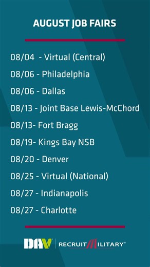 August Job Fairs for Veterans