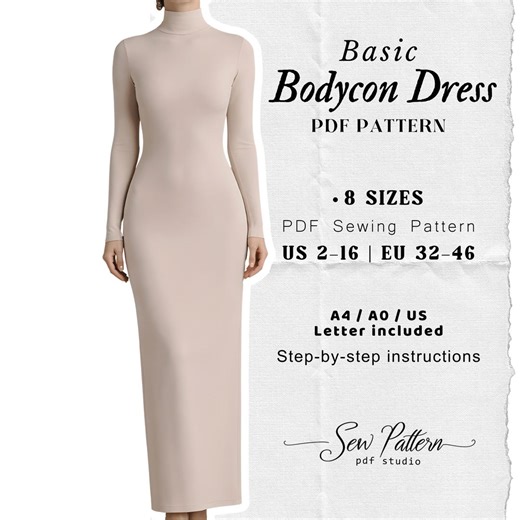 Maxi Bodycon Dress Sewing Pattern – High Neck Long Sleeve Knit PDF (digital Download) - Etsy