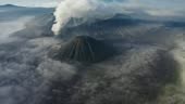 Scenic aerial view of Bromo volcano erupting on Java, Indonesia