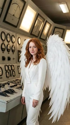 Retro control room in amber light. An angel among dials and gauges. #editorialfashion #photoshootwings #whiteangelwings
