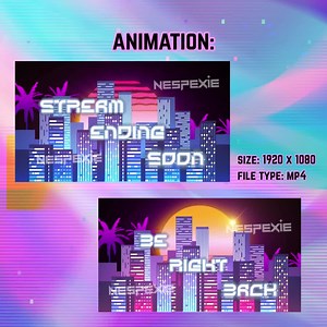 Animated cyberpunk synthwave stream starting soon, stream ending soon, be right back screens for twitch including social media panels