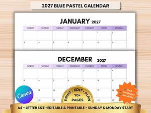 2027 Purple Pastel Calendar, Soft Purple Printable Calendar, Editable Canva Template, Digital iPad Calendar, A4 US Letter, Sunday Monday Sta - Etsy Canada