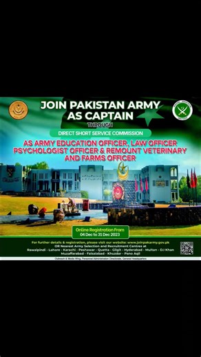 JOIN PAKISTAN ARMY AS CAPTAIN through Direct Short Service Commission As Army Education Officer, Law Officer Psychologist Officer & Remount Veterinary and Farms Officer #joinpakarmy #PakArmy #Pakarmyjobs #jobseekers | Join Pakistan Armed Forces - PAF, Navy, Army