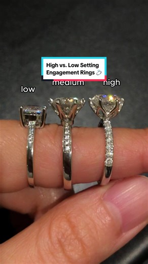 Everything you need to know about High vs. Low setting in engagement rings! 💍✨ #engagementrings #engagementringsettings #engagementringsetting