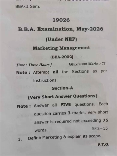 BBA 2nd sem CCSU Marketing Management Question paper , May 2026 (BBA- 2002)