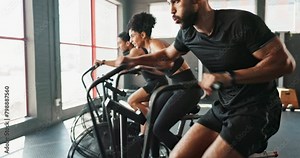 Health, trainer and cycling machine for exercise, rest in training class for body wellness and happy with workout goal. Coach, cardiovascular fitness or joint mobility, endurance and gym equipment