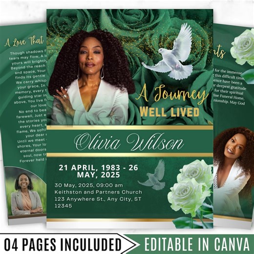 Elegant Green & Gold Funeral Program Template: 8-page Memorial (digital Download) - Etsy