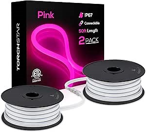 TORCHSTAR Premium 50ft LED Neon Rope Lights, Valentine's Day Decoration, Outdoor IP67 Waterproof, 120V UL Plug, ETL Listed Connectable Neon Light Strip, Max 3 Sets(150FT), Pink Light, Pack of 2