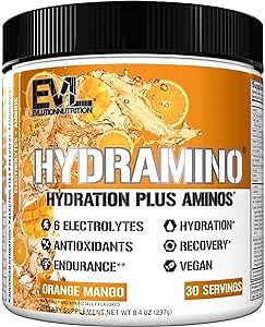 Evlution Nutrition HYDRAMINO Complete Hydration Multiplier, All 6 Electrolytes, Vitamin C & B, Fluid Boosting Aminos, Coconut Water, Endurance, Recovery, Antioxidants, 30 Serve, Orange Mango