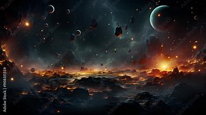 A breathtaking view of a fiery alien landscape, with lava flowing across the terrain and asteroids flying through the atmosphere.