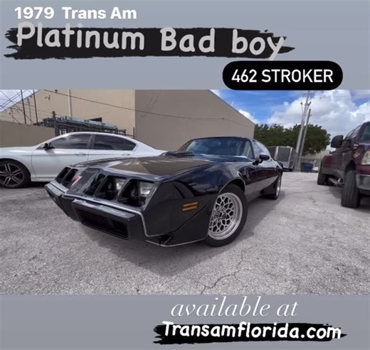 Coming soon… Bad boy 1979 Pontiac Trans Am platinum SE, loaded, 462ci stroker fuel injected, 4 speed overdrive 700R4, fully loaded, digital gauges, deluxe interior, t tops, year one wheels, Wilwood brakes, vintage a/c, vintage sound system, remote control alarm, full power options PW, PL, PT, tilt wheel, rear defroster, tinted windows, LED sequential taillights, show paint ceramic coated with custom platinum SE graphics and more… $89,900.00 Call or text Rick 1.786.218.1763 Email Rick@transamflor