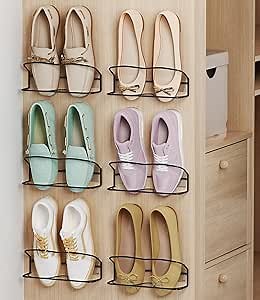 Wall Mounted Shoe Rack 6Pack, with Sticky Hanging Strips, Metal Wall Shoe Storage, Hanging Shoe Organizer for Wall/RV/Door