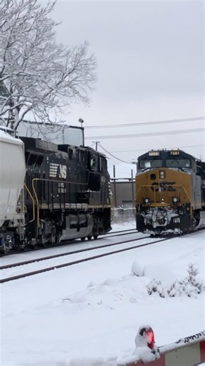 Trains Passing In Snow. CSX & Norfolk Southern Trains In Hamilton, Ohio, JawTooth #Shorts